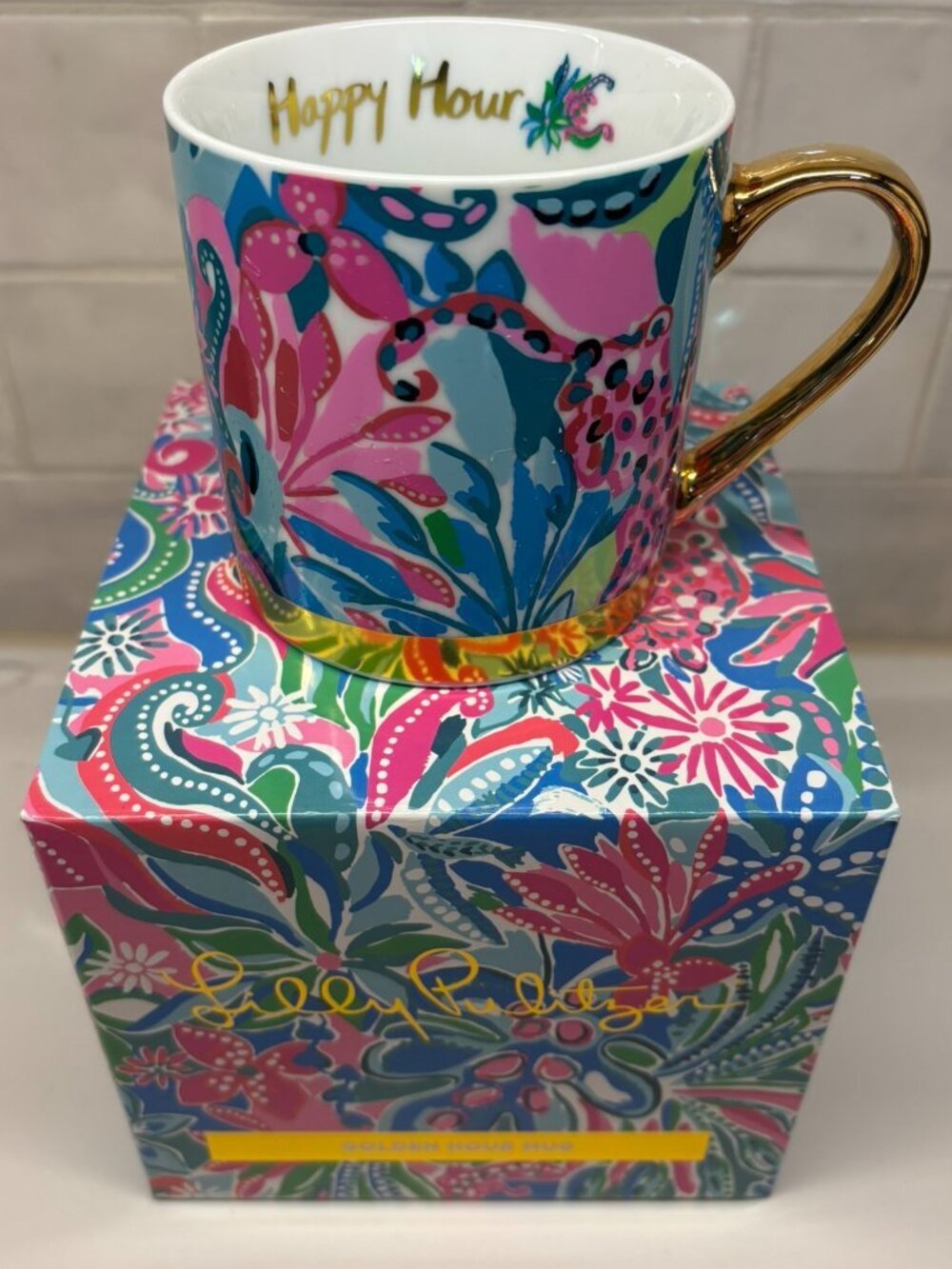 NWT Lilly Pulitzer Golden Hour "Happy Hour" Mug in Turquoise Oasis Print PREPPY